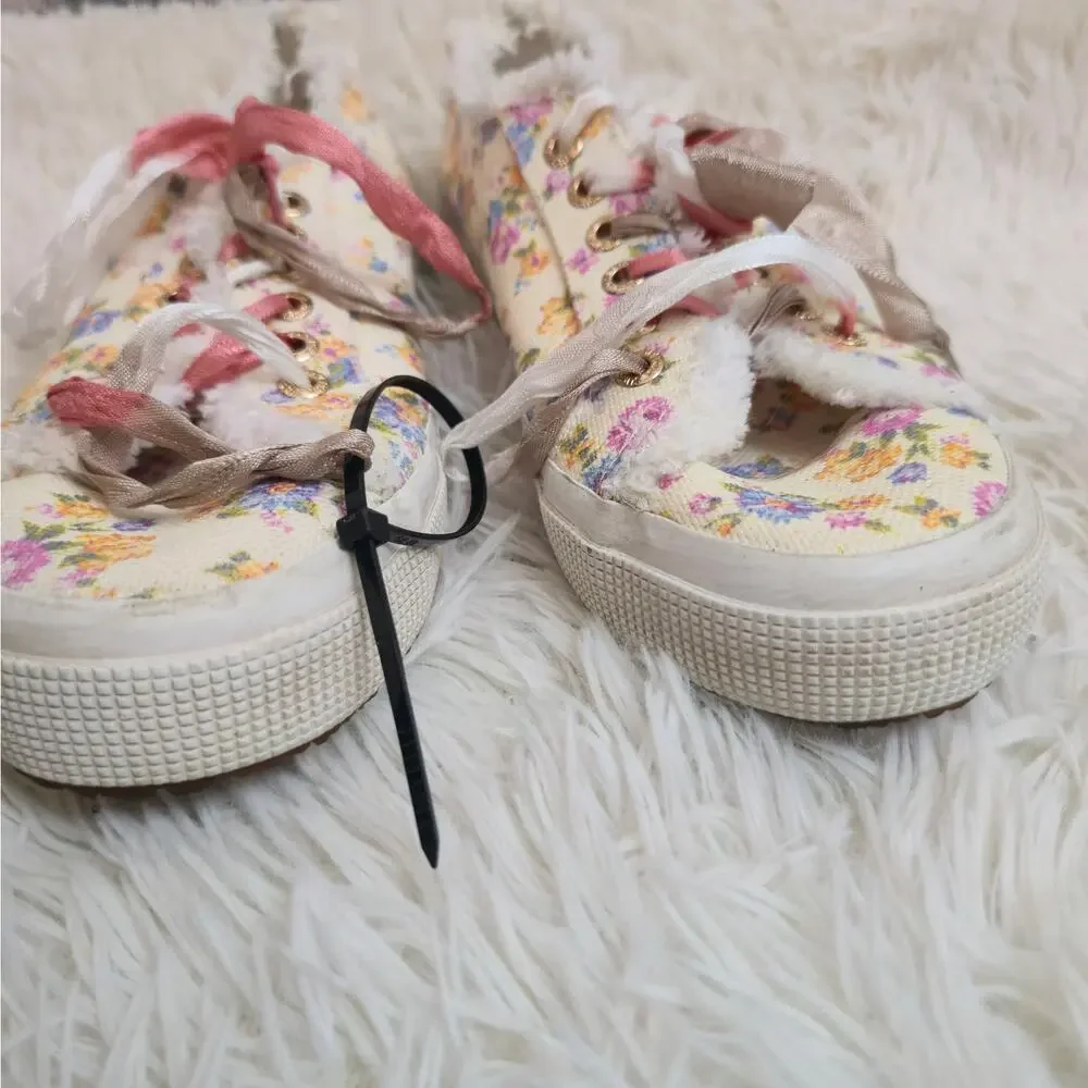 Superga X LoveShackFancy Cream Floral Coquette Canvas Fringe Sneakers